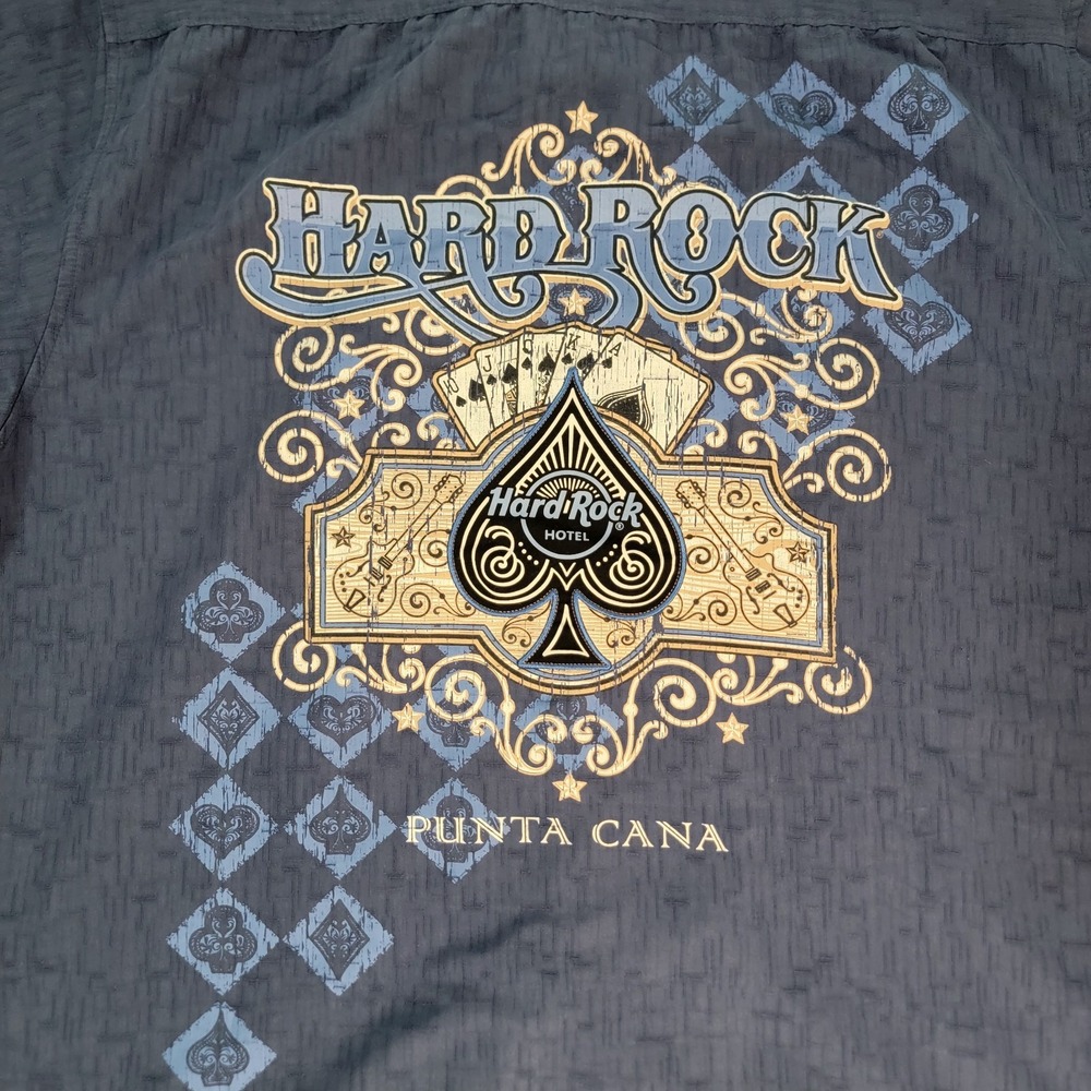 Hard Rock Cafe Hawaiian Shirt Men's Large Blue Back Patch Ace Of Spades SS